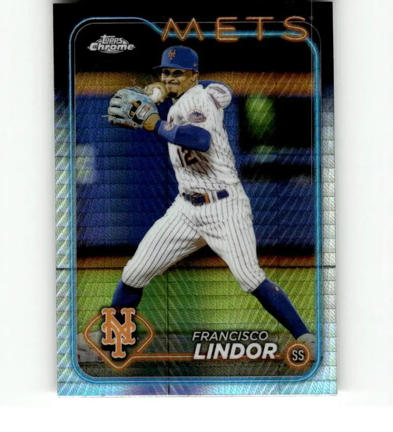 Chrome Refractor Prism Baseball Card of Francisco Lindor Making a Throw for Mets