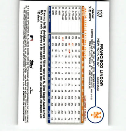 Baseball card featuring Francisco Lindor statistics in a Refractor Prism design