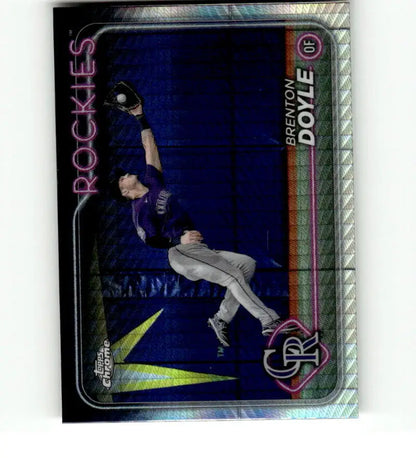 Topps Chrome Refractor Prism featuring Brenton Doyle leaping catch for Colorado Rockies