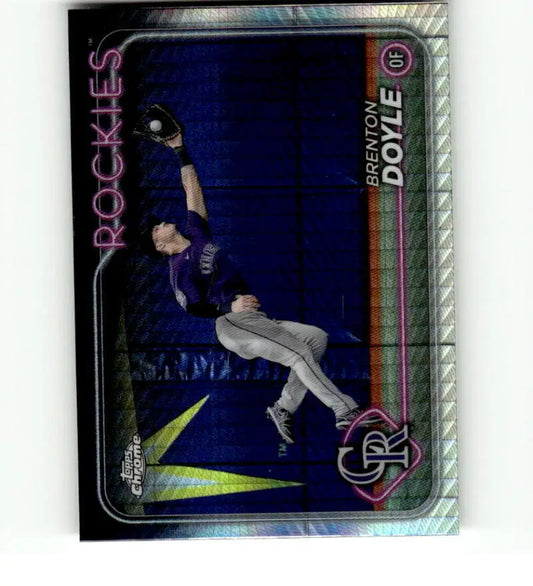 Topps Chrome Refractor Prism featuring Brenton Doyle leaping catch for Colorado Rockies