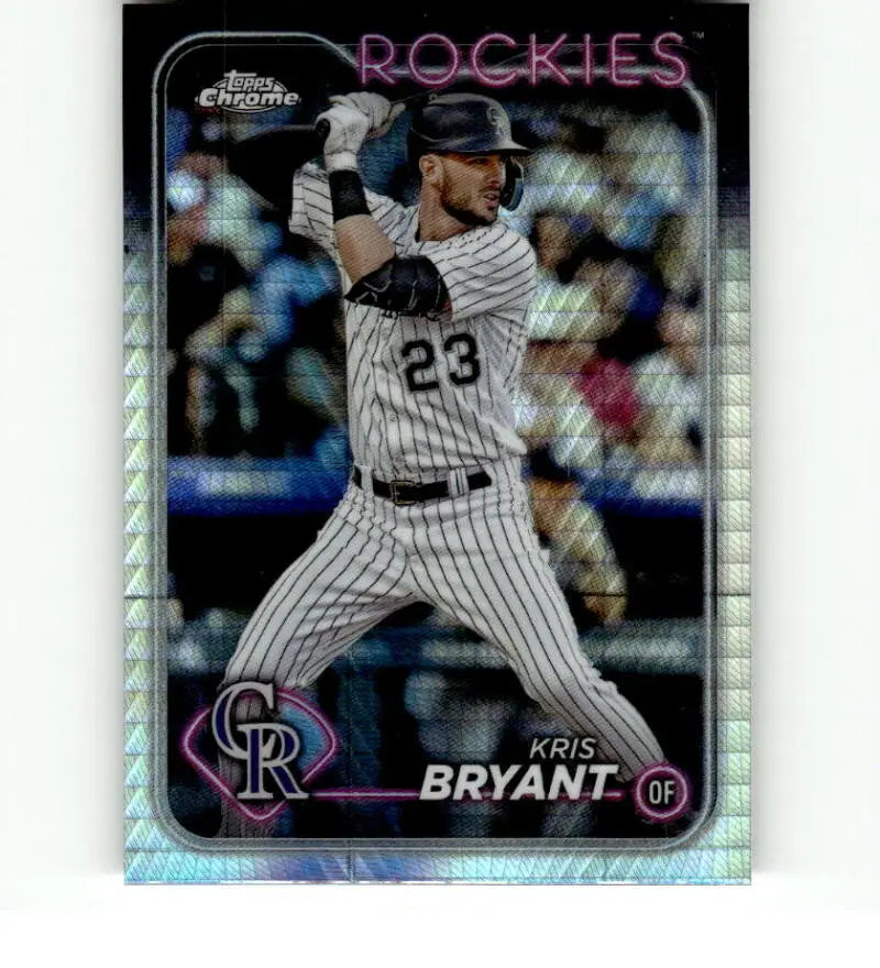 Chrome Refractor Prism baseball card of Kris Bryant in pinstripe uniform for Colorado Rockies