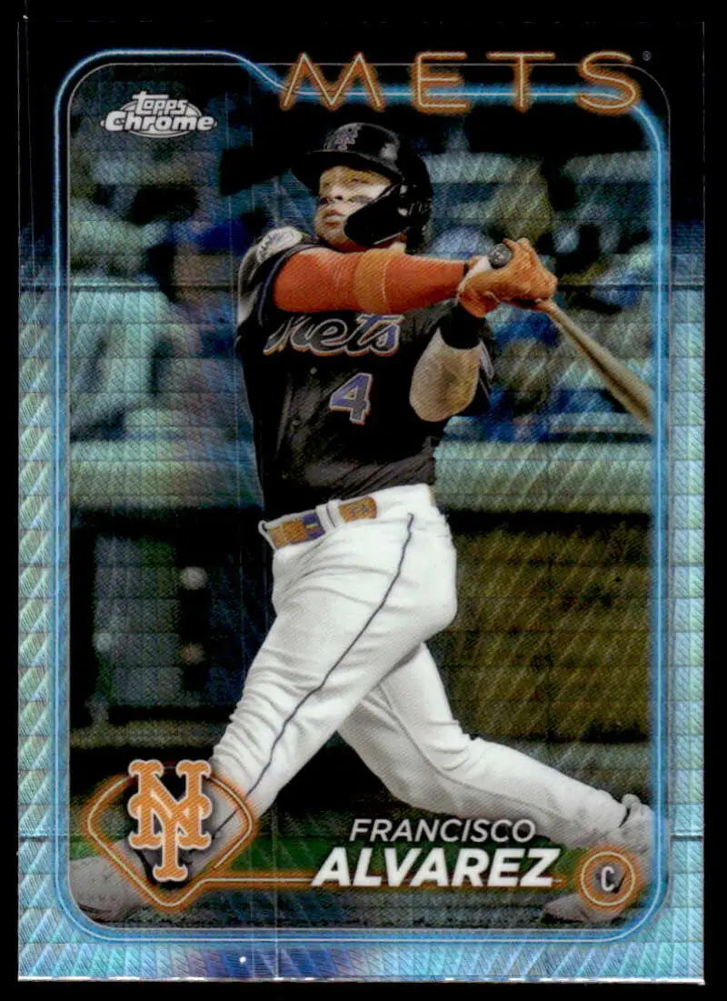 Baseball card of Francisco Alvarez in batting stance, New York Mets Refractor Prism