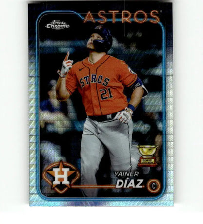 Houston Astros Yainer Diaz in orange jersey on 2024 Topps Chrome Refractor Prism card