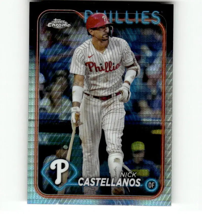 Baseball card of Nick Castellanos in pinstripe uniform, Topps Chrome Refractor Prism