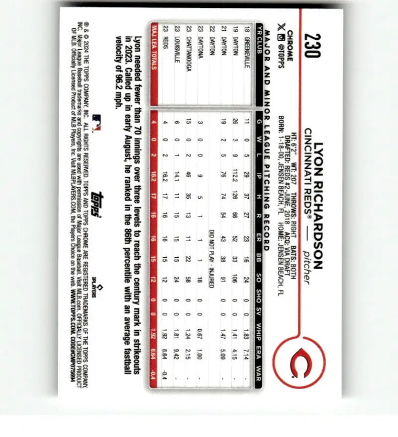 Baseball trading card displaying Lyon Richardson statistics for Cincinnati Reds Refractor Prism