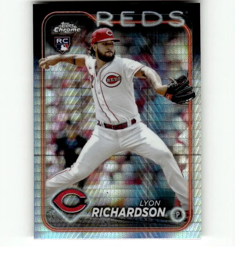 Baseball card of Lyon Richardson in mid-throw for Cincinnati Reds Refractor Prism