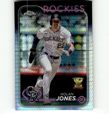 Nolan Jones running on field in Colorado Rockies pinstripe uniform baseball card Refractor Prism