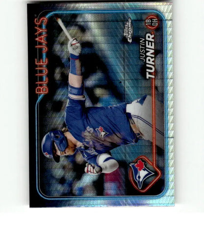 Baseball trading card of Justin Turner diving catch for Toronto Blue Jays 2024 Topps Chrome