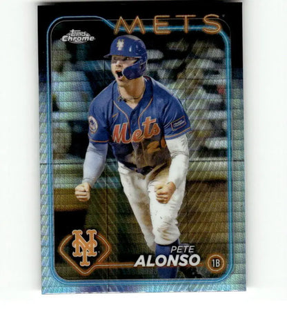 Chrome-finish baseball card of Pete Alonso in blue jersey, Refractor Prism style