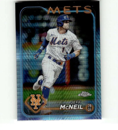 Baseball card of Jeff McNeil in pinstriped uniform running bases, Refractor Prism design