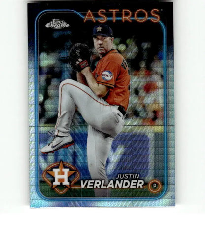 Baseball card of Justin Verlander in orange jersey, Houston Astros Refractor Prism