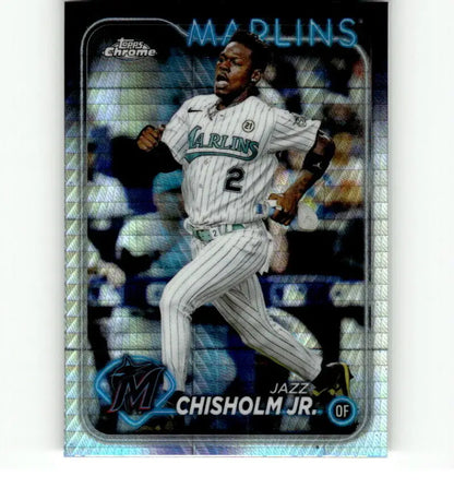 Chrome-finish Jazz Chisholm Miami Marlins Refractor Prism Baseball Card on field