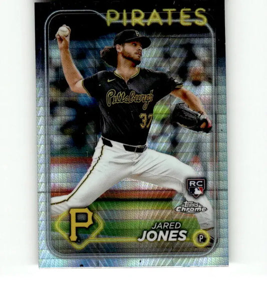 Jared Jones mid-throw in black jersey on Topps Chrome Refractor Pittsburgh Pirates card