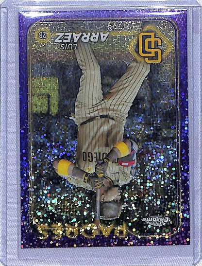 Sparkly San Diego Padres Baseball Card of Luis Arraez upside down from 2024 Topps Chrome Refractor