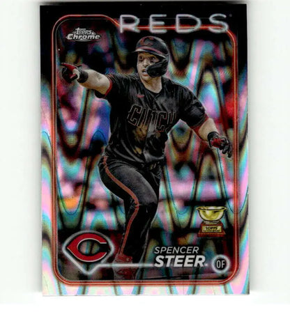 Cincinnati Reds Spencer Steer 2024 Topps Chrome Refractor baseball card in black uniform