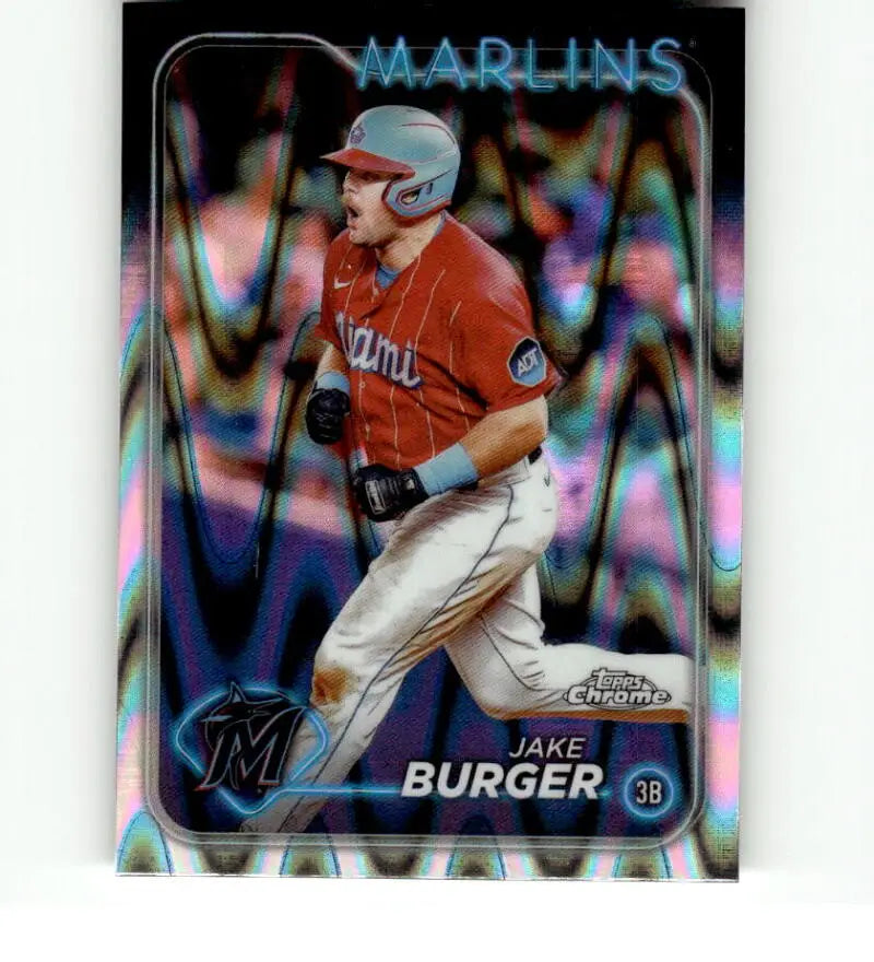 Chrome Refractor baseball card of Jake Burger, Miami Marlins player in red jersey