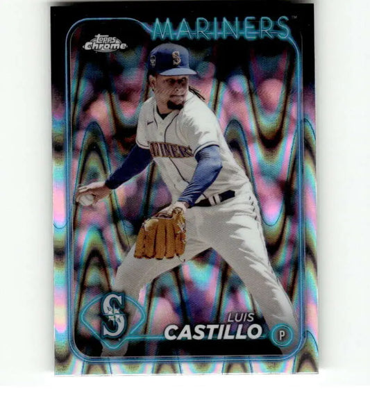 Baseball card of Luis Castillo in white uniform for Seattle Mariners 2024 Topps Chrome