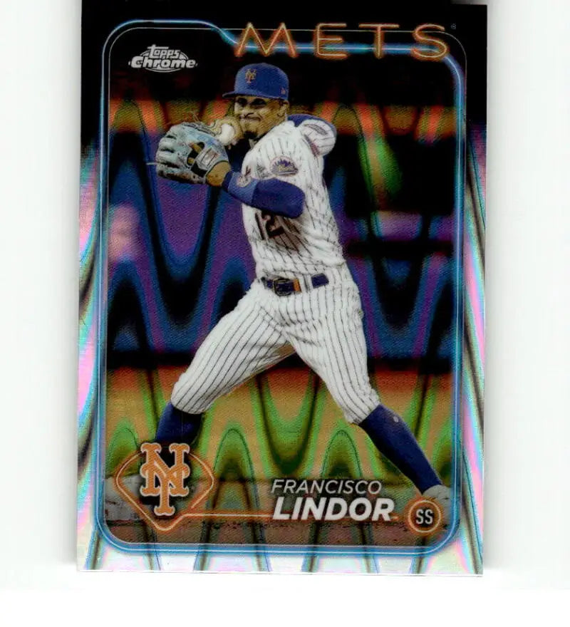 Chrome-finish Topps Chrome Refractor card of Francisco Lindor in New York Mets uniform