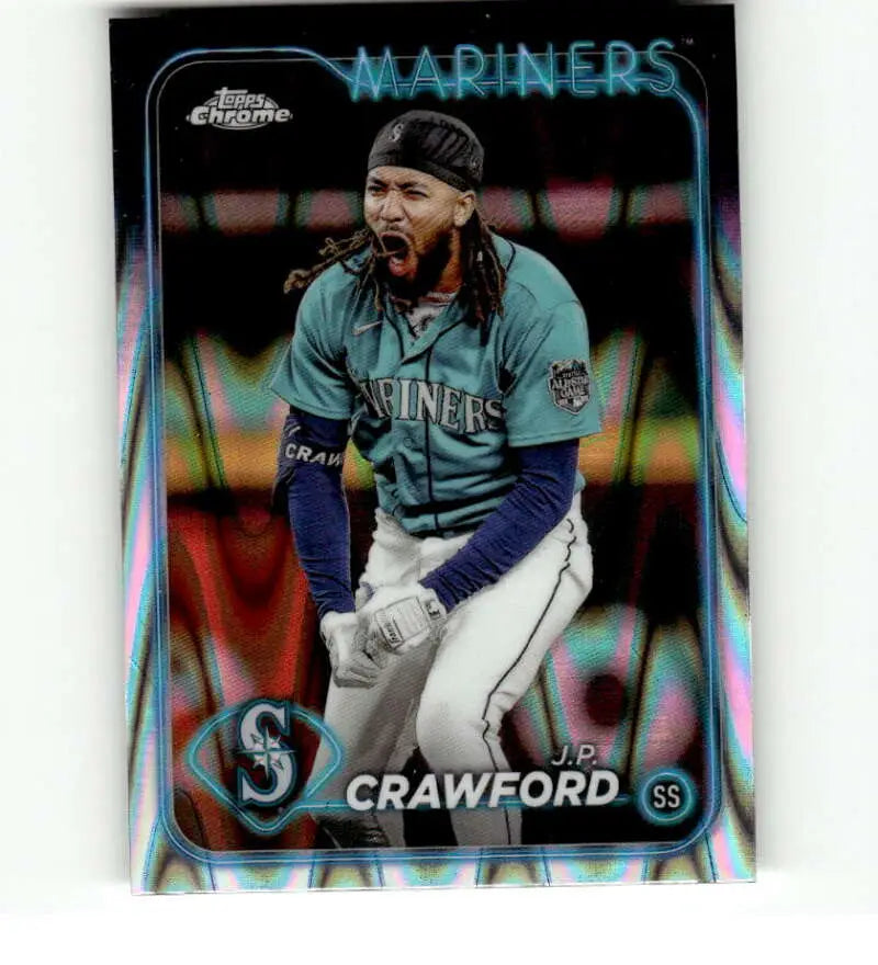 Seattle Mariners baseball card featuring J.P. Crawford in gray uniform, Topps Chrome Refractor