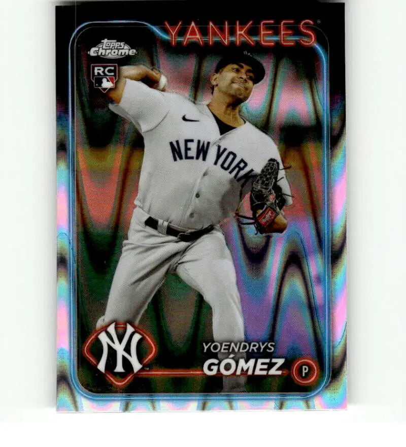 Yankees pitcher Yoendrys Gomez delivering on 2024 Topps Chrome Refractor Baseball Card