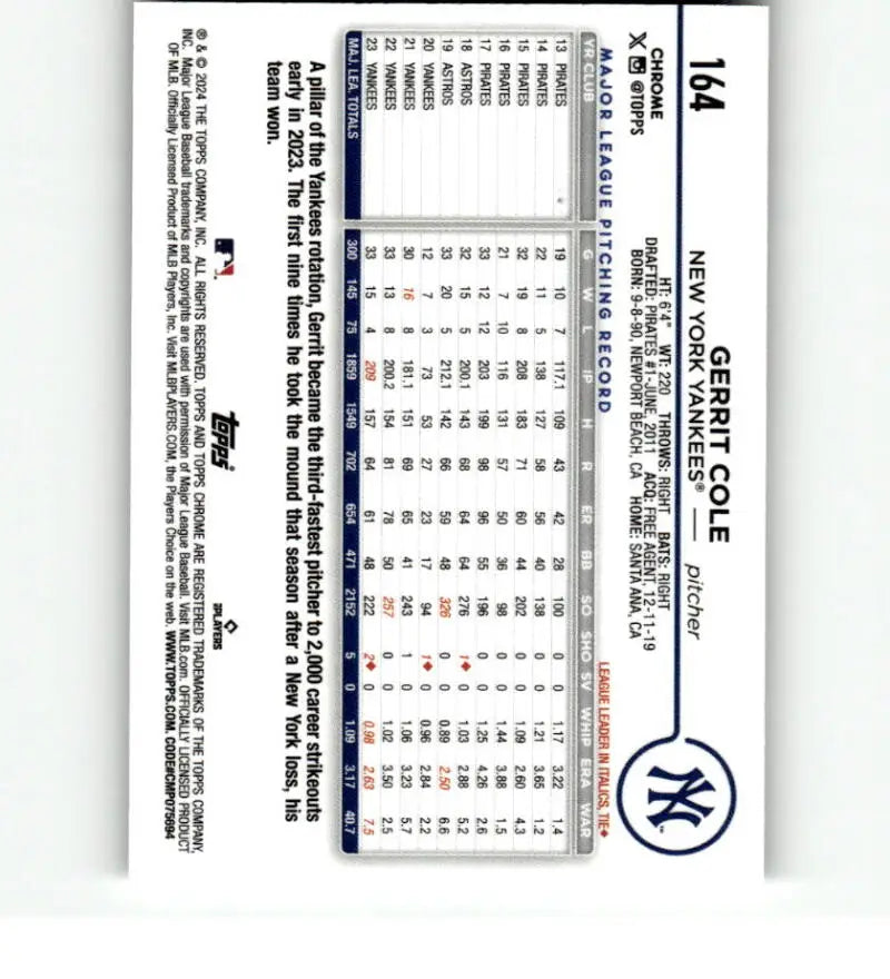 Baseball scorecard featuring the New York Yankees logo and Gerrit Cole Topps Chrome Refractor