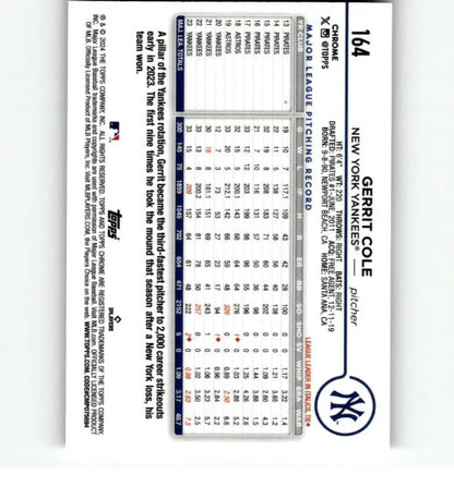 Baseball scorecard featuring the New York Yankees logo and Gerrit Cole Topps Chrome Refractor