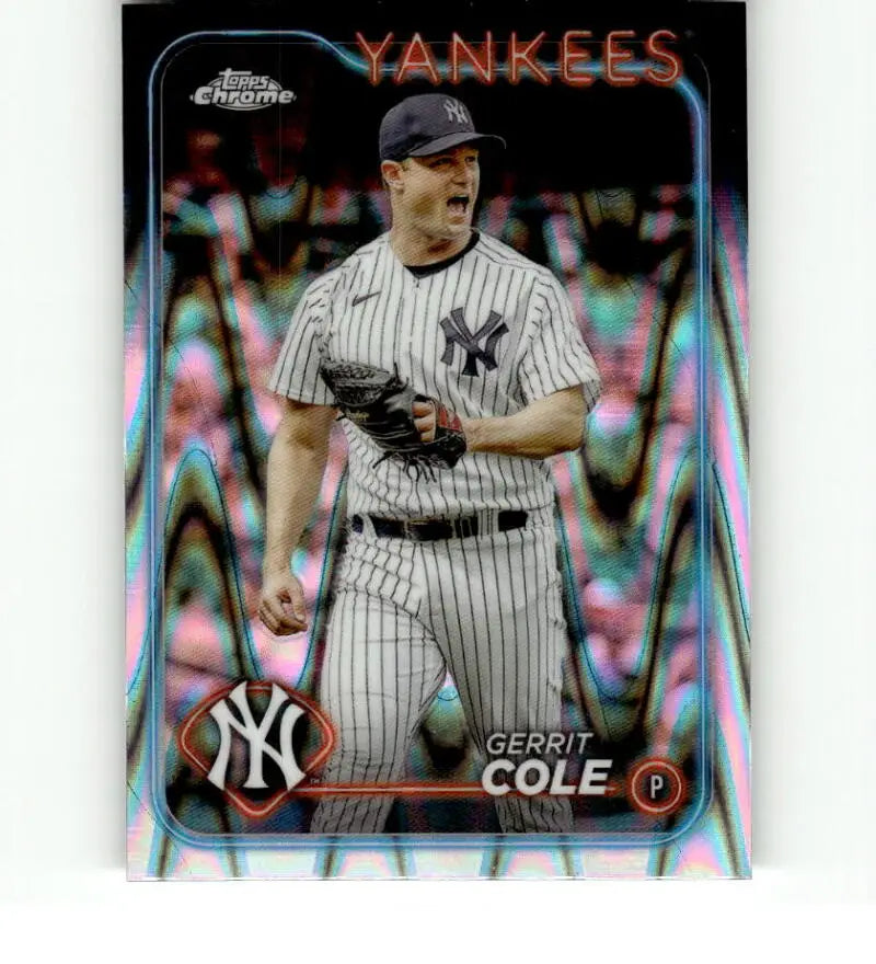 Chrome-finish Topps Chrome Refractor card of Gerrit Cole in New York Yankees uniform