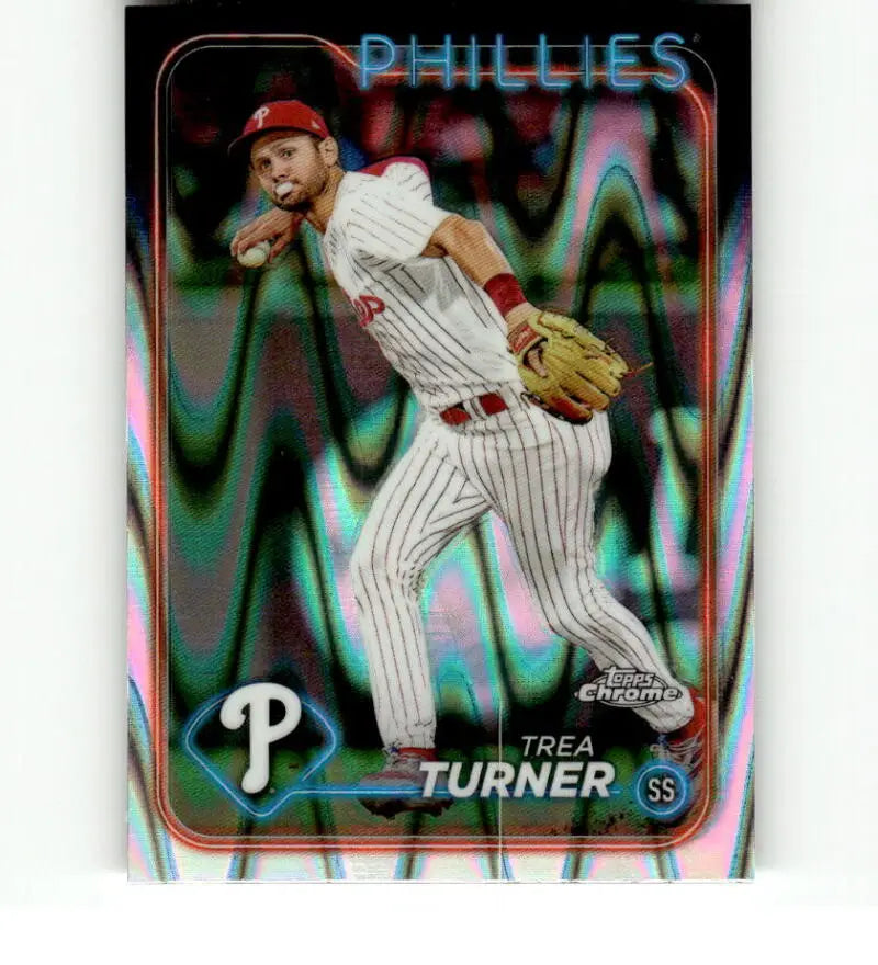 Baseball card of Trea Turner in pinstripe uniform making a throw for Philadelphia Phillies