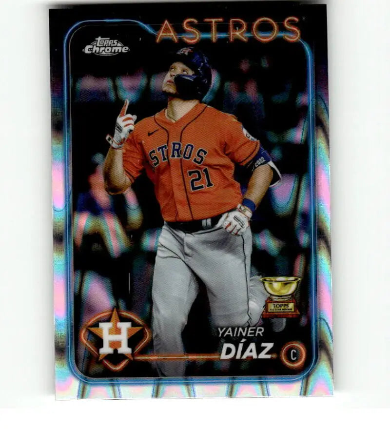 Houston Astros Yainer Diaz baseball card in orange jersey number 21 from 2024 Topps Chrome