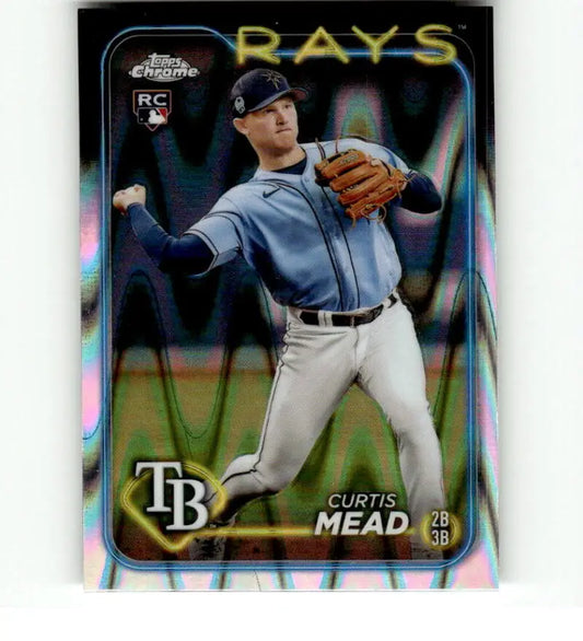 Chrome Refractor RayWave baseball card of Curtis Mead from Tampa Bay Rays throwing a ball