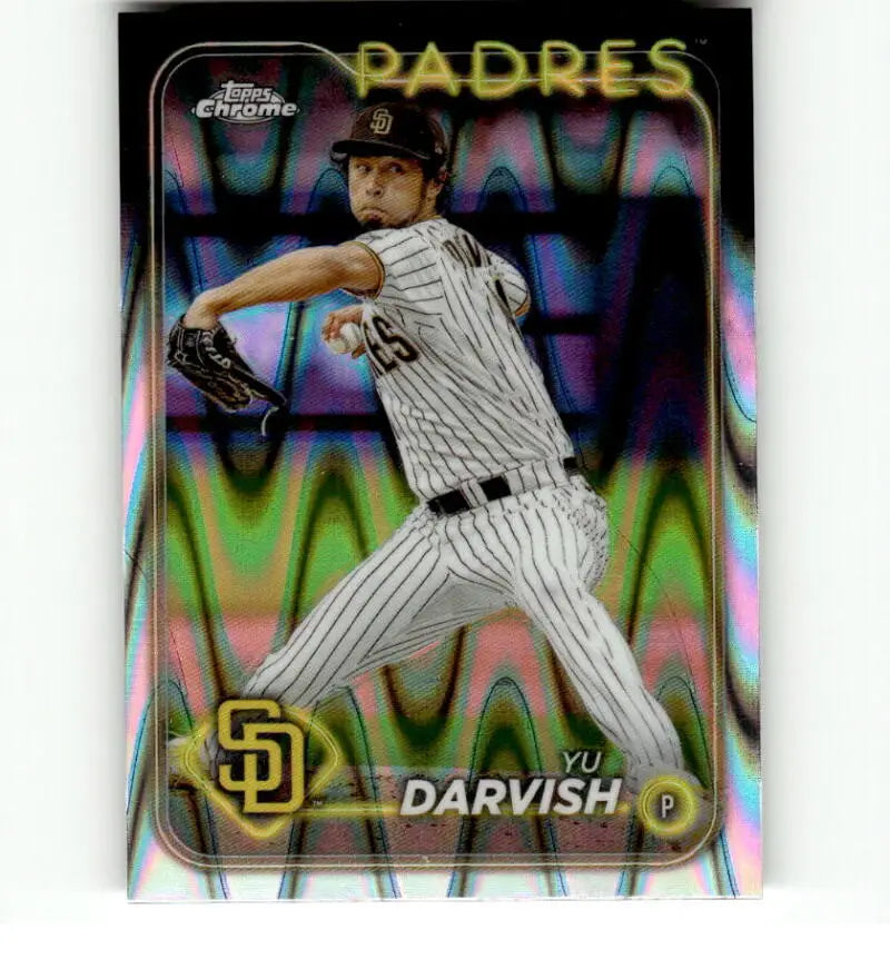 Chrome refractor baseball card of San Diego Padres pitcher Yu Darvish in action