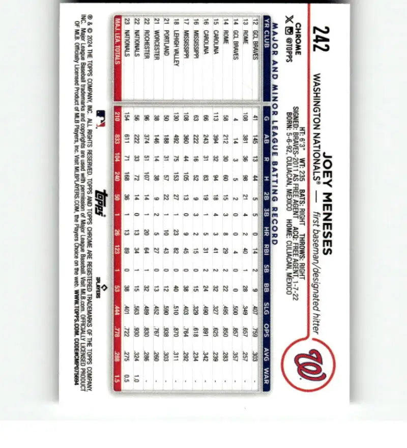 Baseball card featuring Joey Meneses performance stats for Washington Nationals