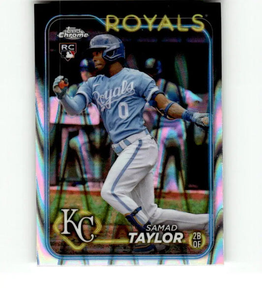 Chrome finish baseball card of Samad Taylor in powder blue for Kansas City Royals, Topps Chrome Refractor