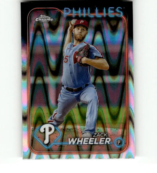 Chrome Refractor Baseball Card of Zack Wheeler pitching in gray uniform for Phillies