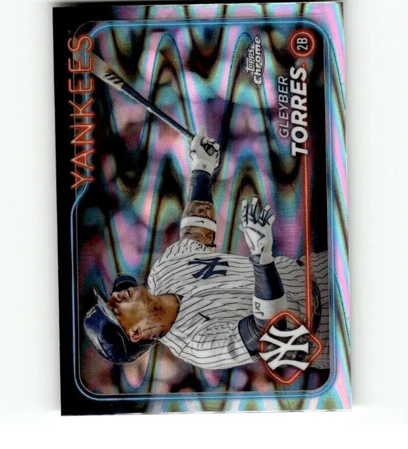 Baseball card of Gleyber Torres swinging bat in New York Yankees pinstriped uniform