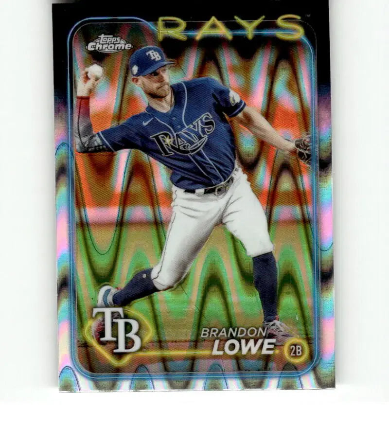 Chrome Refractor Baseball Card of Brandon Lowe mid-pitch for Tampa Bay Rays