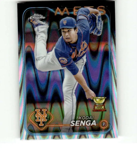 Kodai Senga New York Mets pitcher baseball card in blue uniform mid-throwing motion