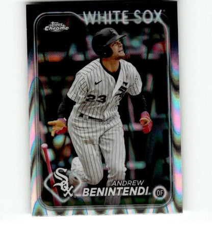 Chrome finish baseball card of Andrew Benintendi in Chicago White Sox pinstripe uniform