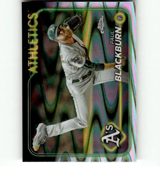 Baseball card of Paul Blackburn swinging bat for Oakland Athletics in 2024 Topps Chrome