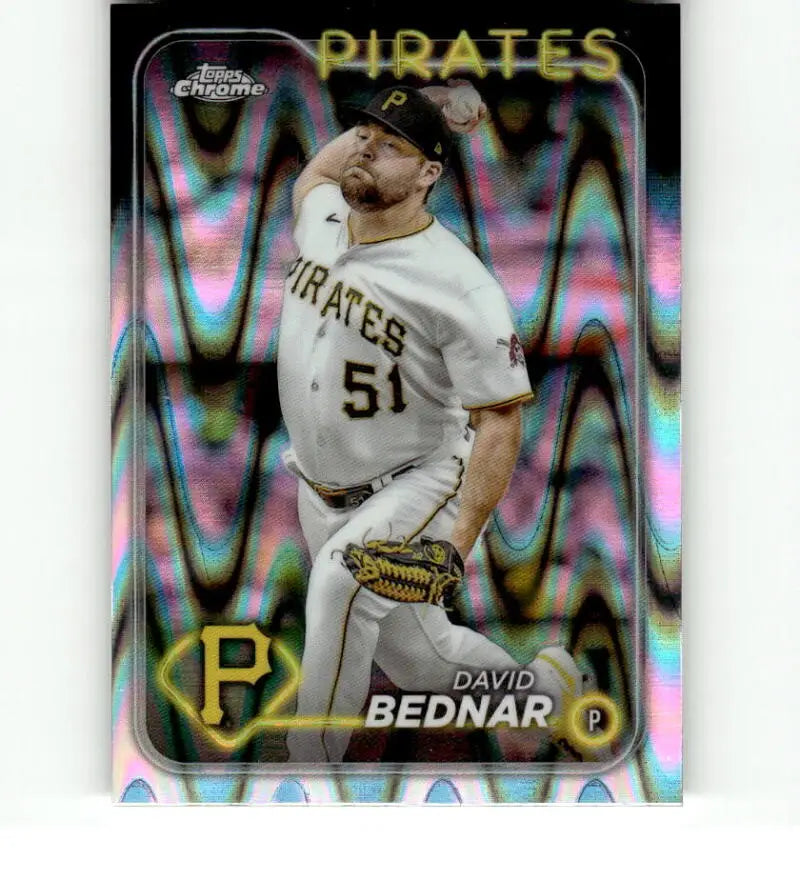 Chrome Refractor Baseball Card of David Bednar, Pittsburgh Pirates Pitcher #51 Mid-Delivery