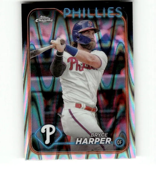 Chrome-finish baseball card of Bryce Harper batting for Philadelphia Phillies