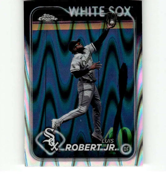 Chrome baseball card of Luis Robert leaping for a catch for the White Sox