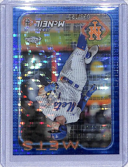 Holographic Topps Chrome Refractor baseball card of Jeff McNeil diving for a catch