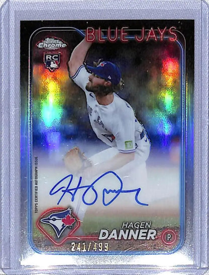 Signed Hagen Danner Toronto Blue Jays baseball card 241/499 with holographic chrome finish