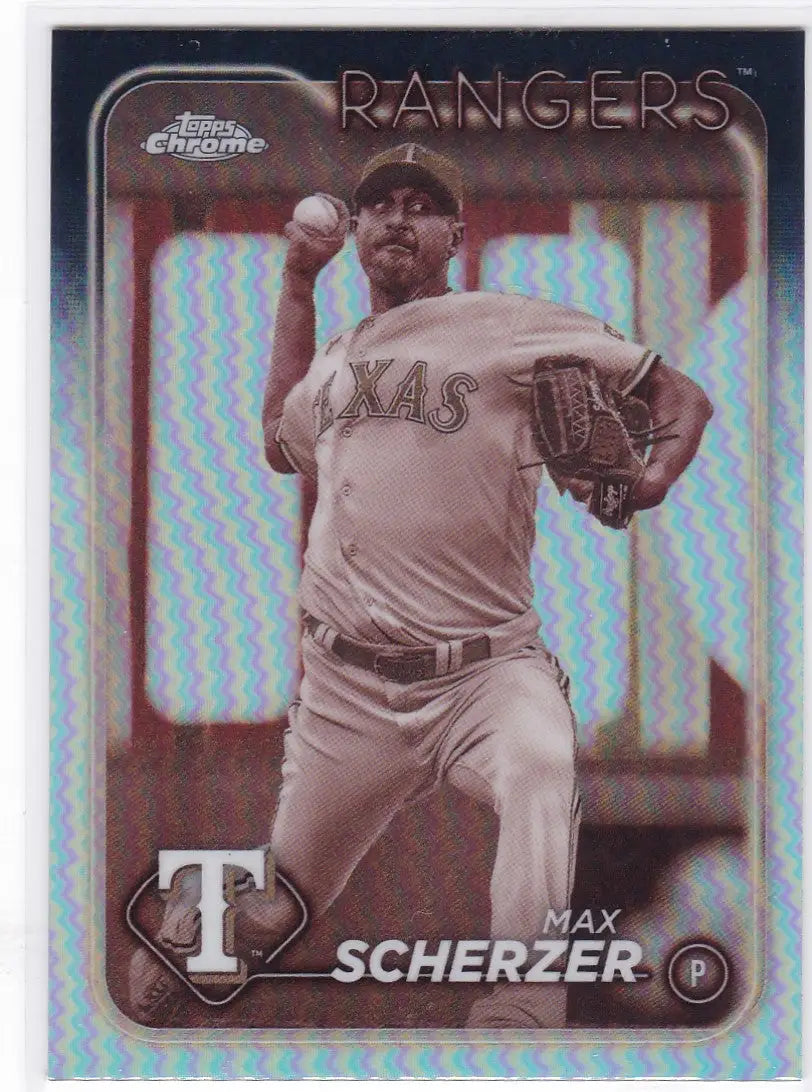 Baseball card of Max Scherzer Texas Rangers in gray road uniform throwing motion