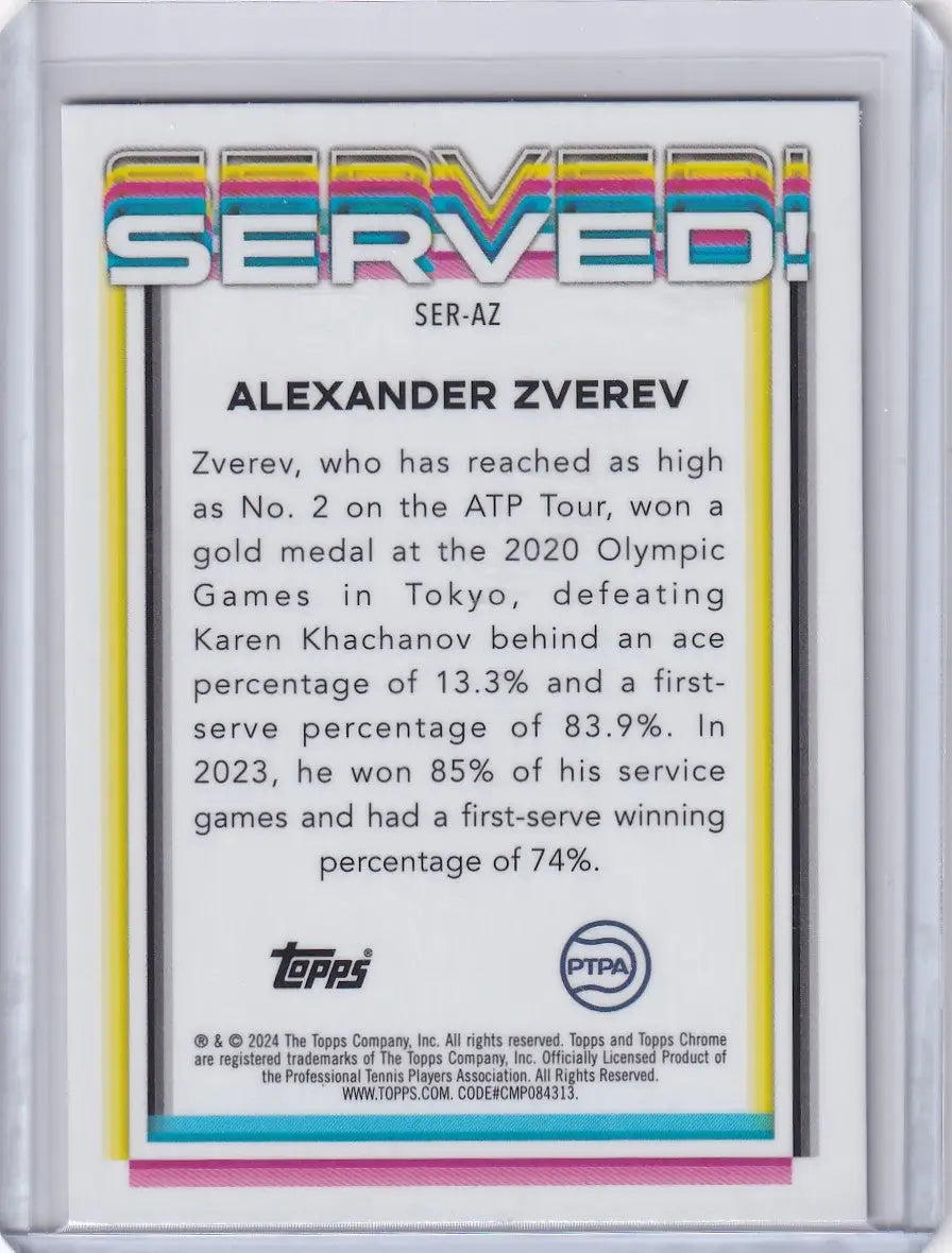 Topps Chrome Served trading card featuring Alexander Zverev statistics and profile