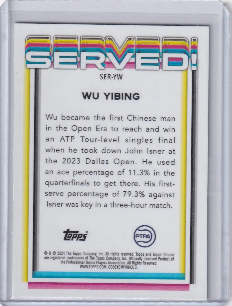 Topps Chrome Served trading card featuring Wu Yibing’s 2023 Dallas Open achievement