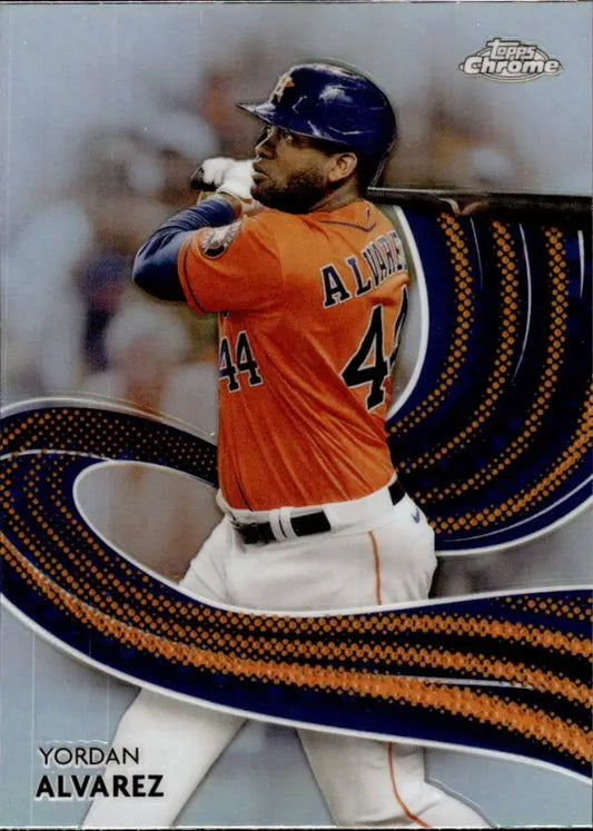 Baseball player in orange Houston Astros jersey swinging bat for Topps Chrome Strokes card