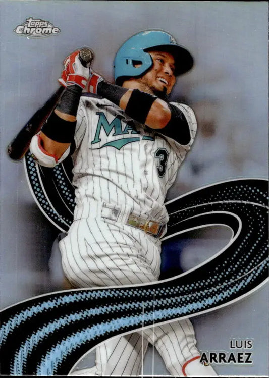 Luis Arraez in Miami Marlins uniform swinging bat with Topps Chrome Strokes design