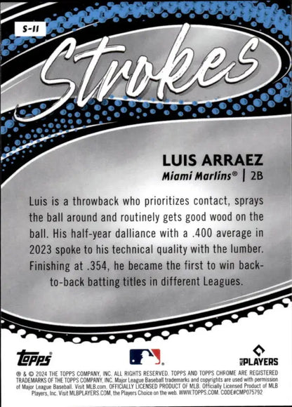 Baseball trading card of Luis Arraez from Miami Marlins Topps Chrome Strokes Collection